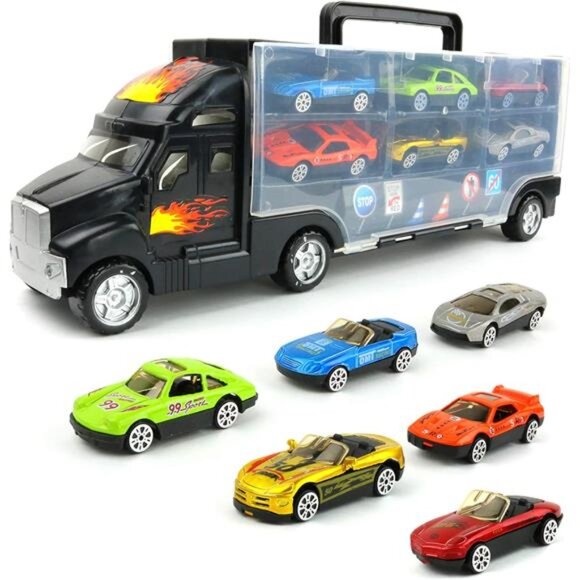 Big Mo's Toys Transport Car Carrier Truck - with 6 Stylish Metal Racing Cars - Picture 1 of 7